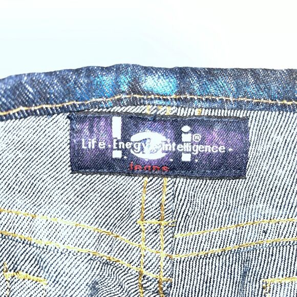 Deadstock Y2K LEI Low Waist Junior Sz 14 Multi Color Spray Painted Jeans Flare - Picture 8 of 16